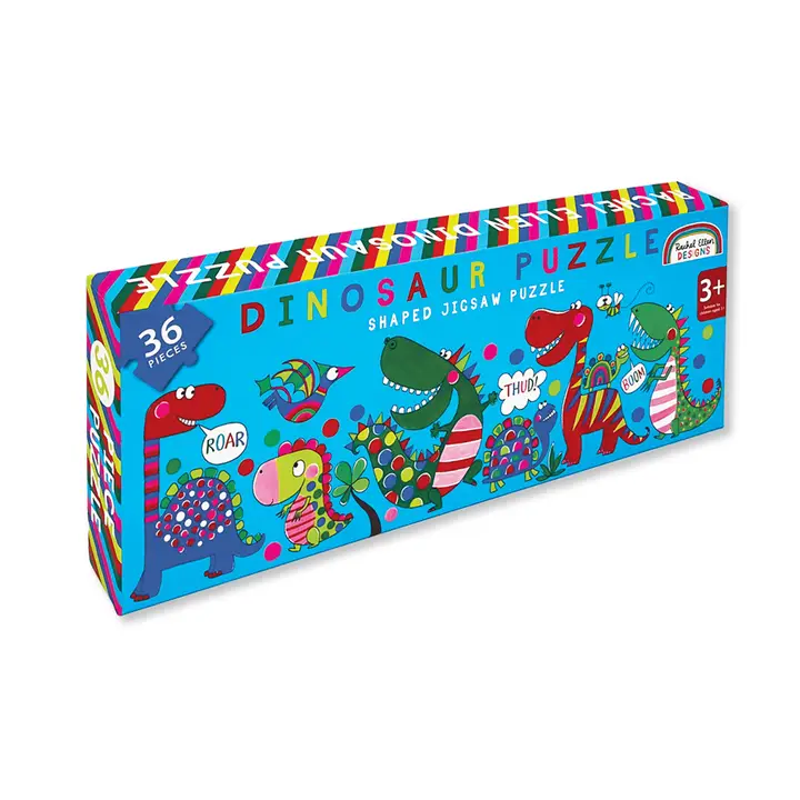 A long blue box with the image of the dinosaur puzzle on, the dinosaurs are vibrant colours including blue, red and green.