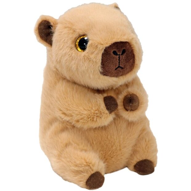 Soft fluffy capybara from the ty beanie bellies, with light brown body and dark brown ears, feet, paws and nose.