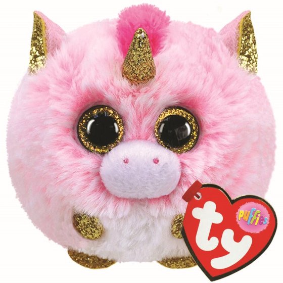 Pink fluffy puffie soft toy from ty, With gold ears, horn and feet, approximately 7cms.