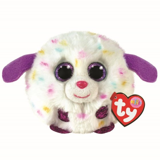 White spotty fluffy dog, with purple ears, from ty beanie puffie range. Approximately 7cms.